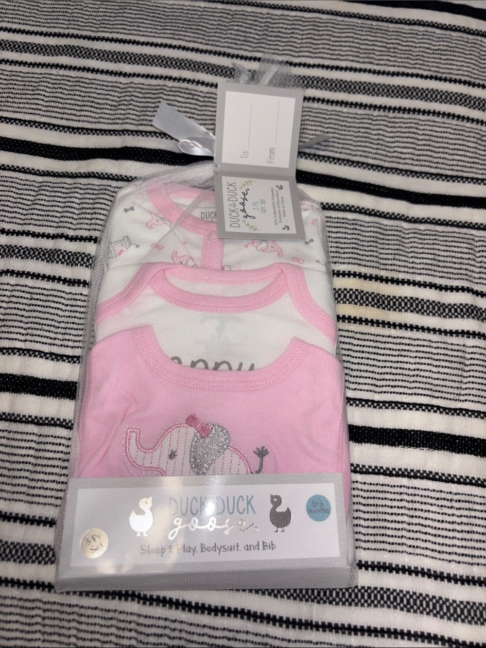 Duck Duck Goose Pink 3 pc set Baby Bib Bodysuit and one pc Set 0-3 mo